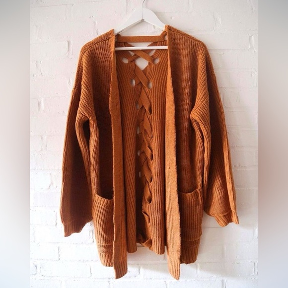 Sweaters - Orange Lace Up Cardigan Sweater